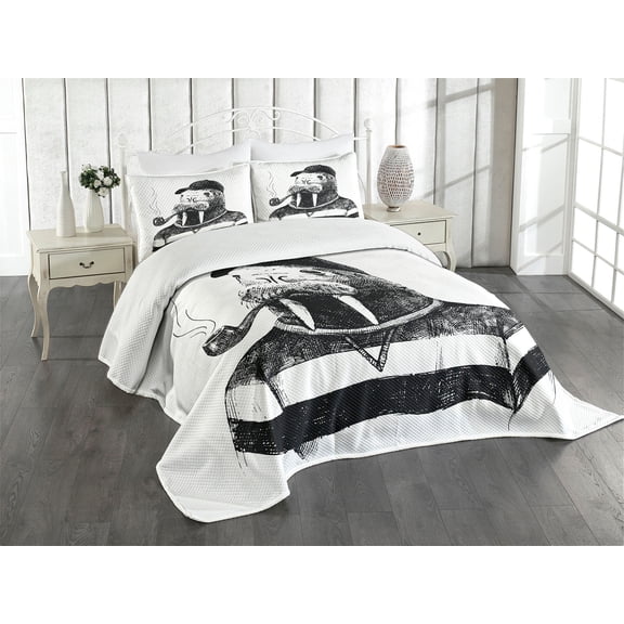 Ambesonne Indie Quilted Bedspread Set 3 Pcs, Walrus with Sketch Art, Queen Size, White Black