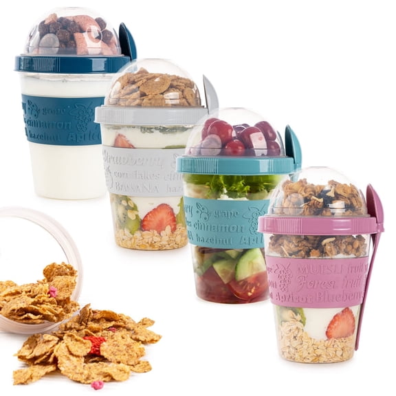 QUASLEQ 4-Pack Yogurt Parfait Cups with Lids and Spoons, Reusable Leakproof BPA-Free Lunch Prep Containers