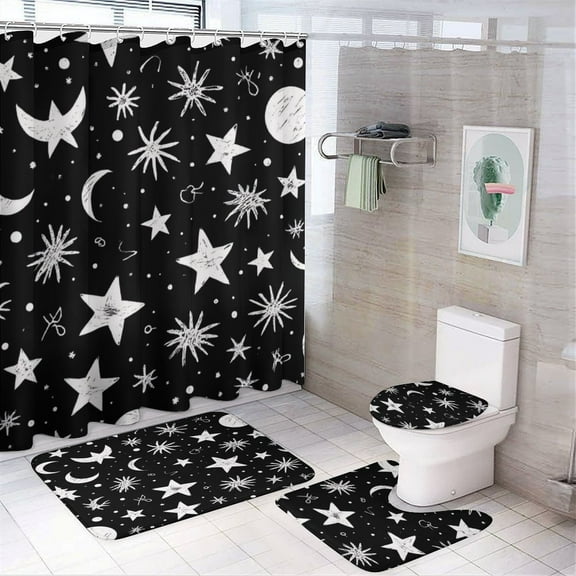 Black And White Starry Night Print Shower Curtain Waterproof Bathroom Curtain Set with Hooks Home Decor Bathroom Curtains 4pcs