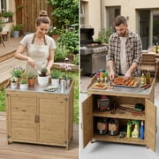 Lofka Outdoor Wooden Storage Cabinet with Potting Bench, Natural Wood Color, Weatherproof Garden Work Station, Patio Tool Shed for Backyard