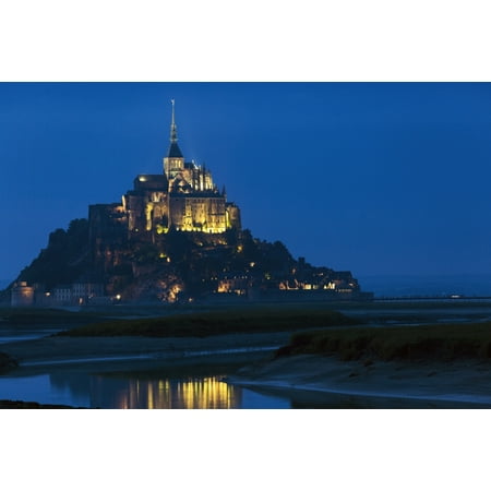 Night image of large stone Abbey perched on rocky island at low tide lit with flood lights with reflection in water Mont St Michel Brittany France Stretched Canvas - Michael Interisano  Design Pics (Best Rocket Stove Design)
