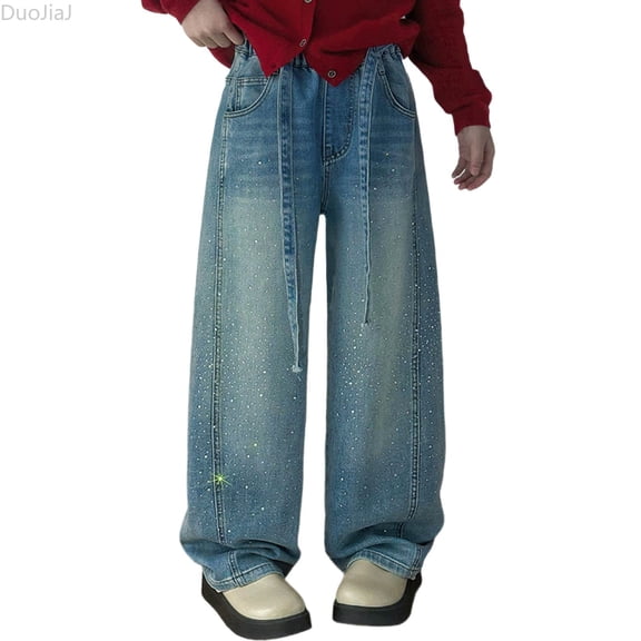 DuoJiaJ Girls Star Rhinestone Embroidered Jeans Winter Lined Wide Leg Pants Warm Casual Trousers For Girls Girls Bootcut Jeans Size 4-5 Years,Blue