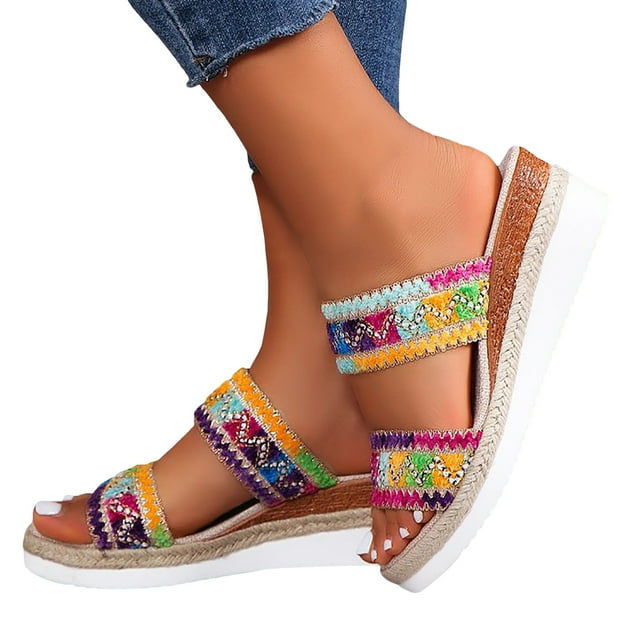 Sandales Boho pour Femmes de Vacances Espadrilles Ethniques à Plateforme Compensée Pantoufles de Robe Plage Décontractées à Enfiler Chaussures d'Été