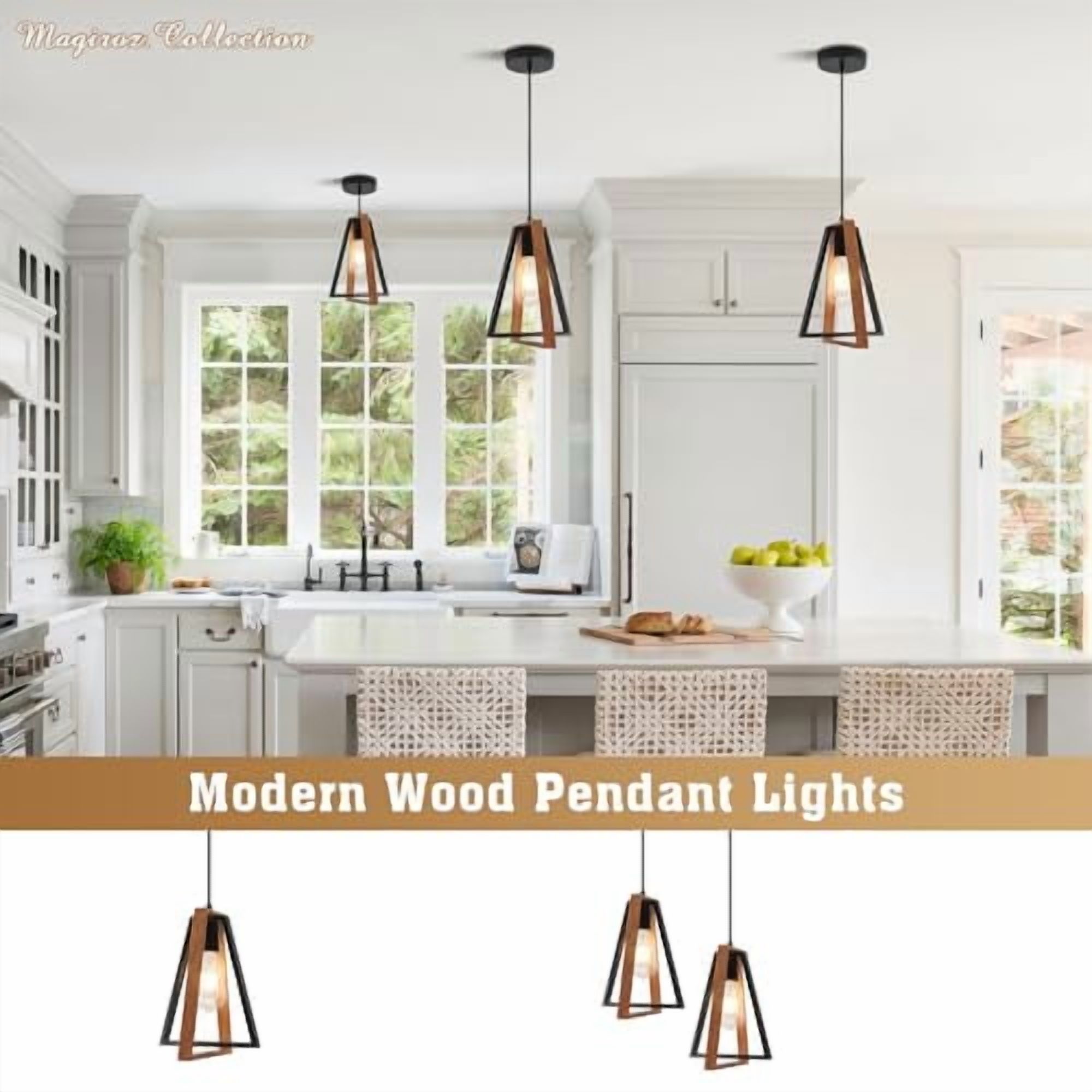 Farmhouse Rustic Wood Pendant Lights Kitchen Island Industrial Black Matte Pendant Lighting Adjustable Rustic Mini Wooden Hanging Light Fixtures for Dining Room Foyer Hallway MPL28