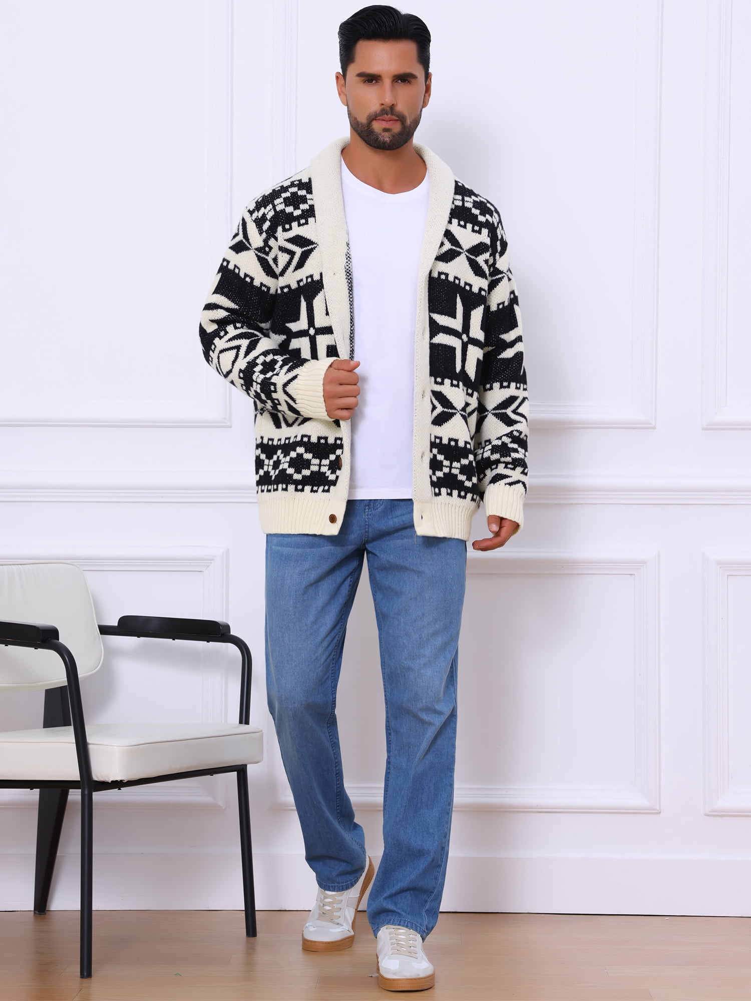DARING DIVA Men's Shawl Collar Long Sleeved Knitwear Cardigan Sweater 2XL Black Beige