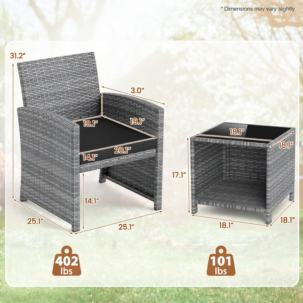 Hommoo 3-Piece Outdoor Patio Furniture Set, PE Rattan Sofa Set with Tempered Glass Coffee Table, Removable Cushions, Heavy-Duty Metal Frame, Black