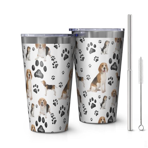 16oz Tumblers Beagle Dog and Footprints Stainless Steel Vacuum Insulated Double Wall Travel Tumbler Cups Mug with Lid and Straw,Cleaning Brush for Coffee,Tea