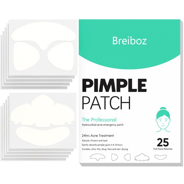 Parches para espinillas Breiboz, hidrocoloide para todo el rostro, para acné, 25 parches