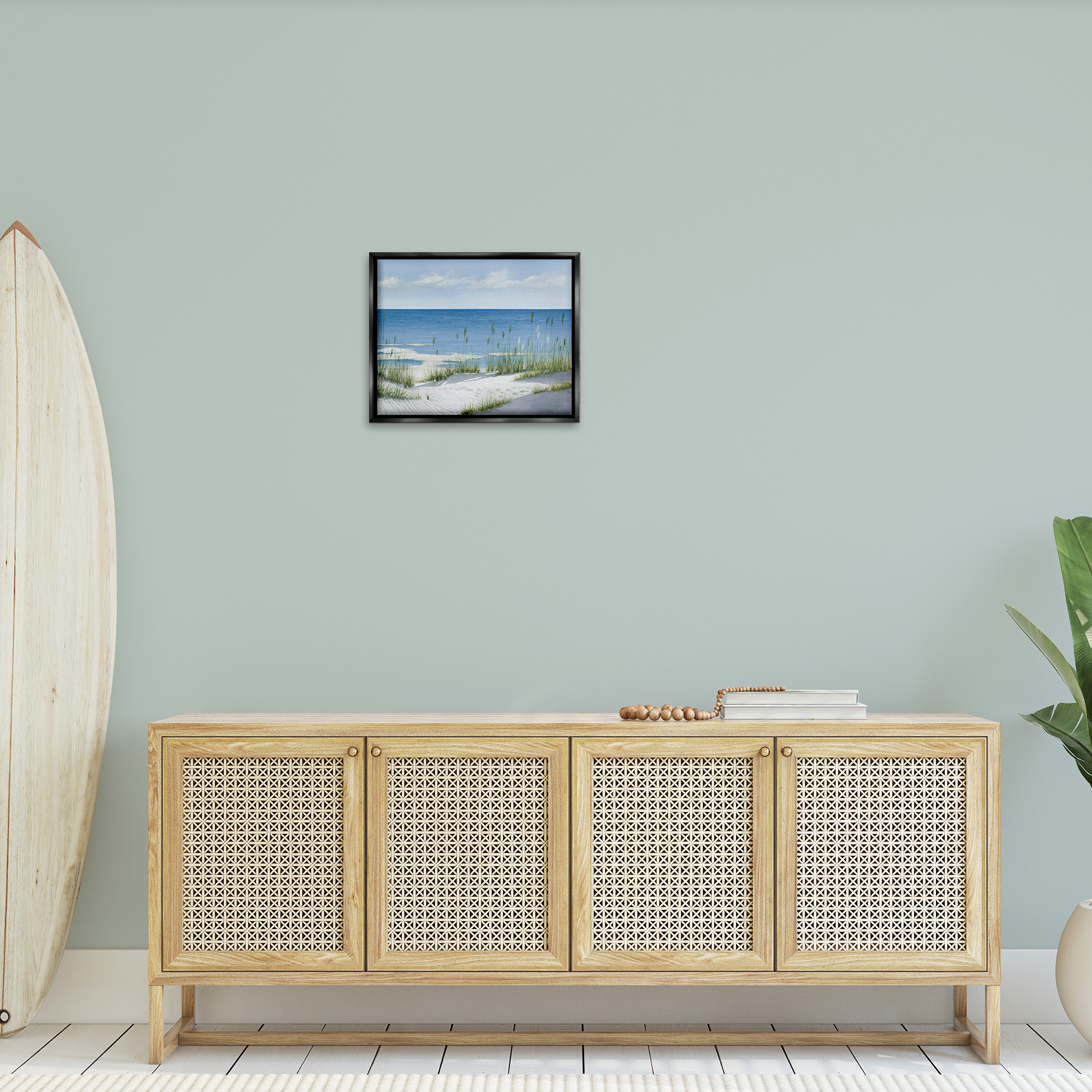 Stupell Industries Beach with White Sand Landscape Painting Black Floater Framed Canvas Art Print Wall Art, 21 x 17