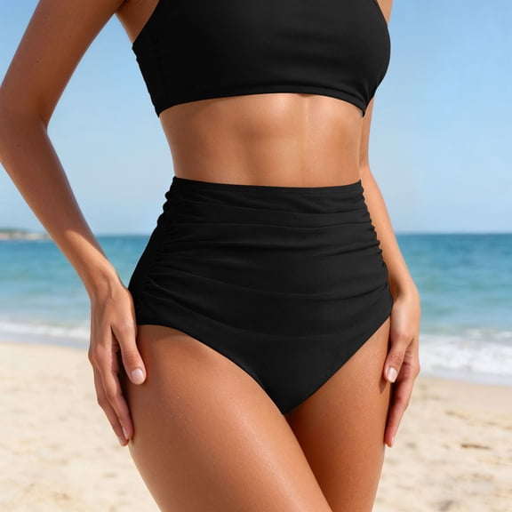 HOWPAY Womens Swim Shorts Tummy Control High Waisted Bathing Suits Bottoms Stretchy Solid Color Summer Lounge Beach Pool Swimsuit Brief Black XL