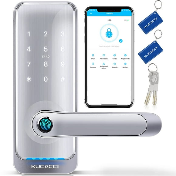 Cerradura de puerta inteligente Kucacci con manija: Cerradura inteligente WiFi de entrada sin llave - Teclado de huellas dactilares - IP66 resistente a la intemperie