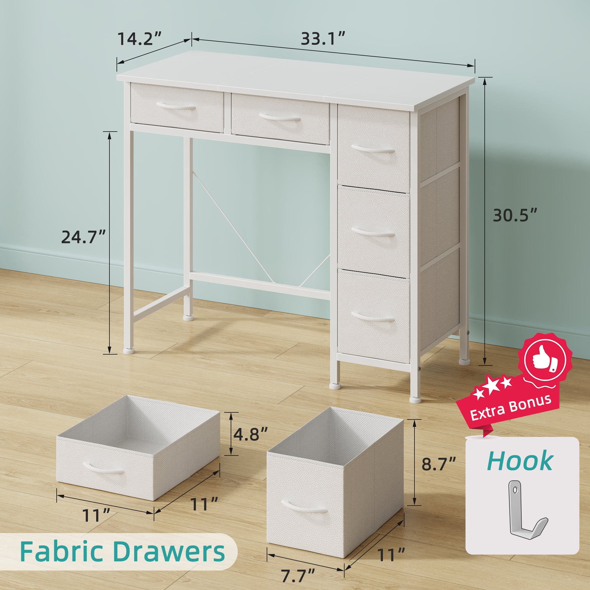 HIGDBFE Small Desk with 5 Fabric Drawers, Computer Desk with Iron Hook for Bedroom Home Office, White