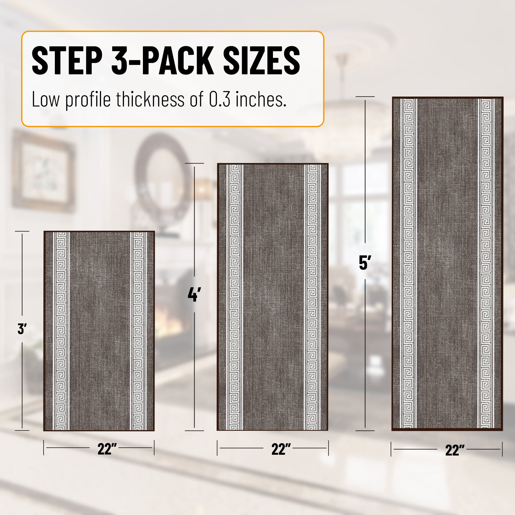 Ottomanson 3-Piece Kitchen Rug Set, Non-Slip Washable Hallway Runner & Floor Mat for Bathroom 22.5" x 36" + 22.5" x 48" + 22.5" x 60" Greek Border Brown