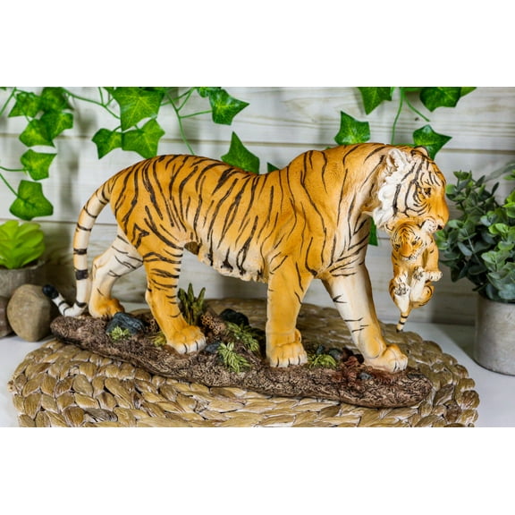 Ebros 14.25"L Large Wildlife Bengal Orange Tiger Mother Carrying Cub Figurine