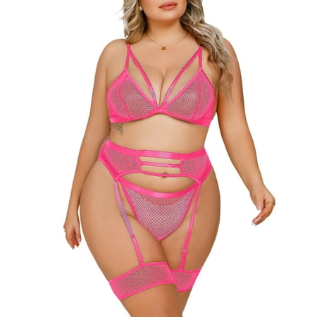 

Avamo Ladies Bra And Panty Bodysuit Deep V Neck Teddy Babydoll 3 Piece Adjustable Plus Size Lingerie Set With Garter Belt Women Mesh See Through Sheer Without Stocking Fluorescent Pink 1XL