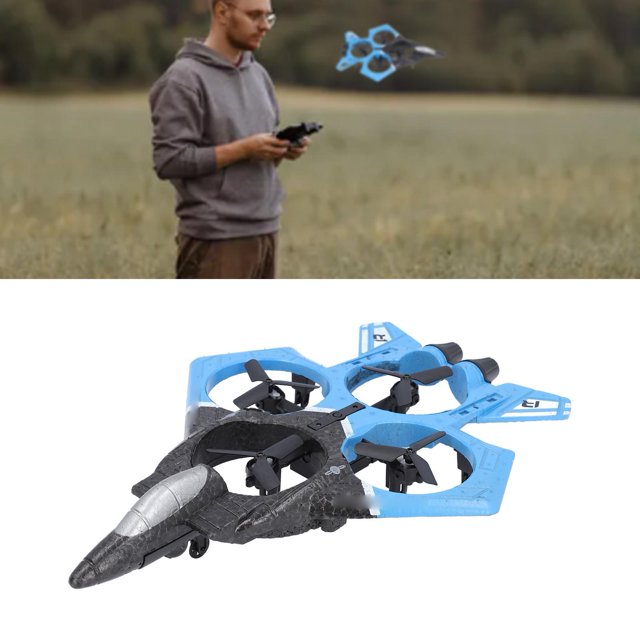 avión rc, sistema autoestabilizador de avión con control remoto, luces led para regalo de cumpleaños avión RC azul de cuatro rotores con fuselaje tipo jet, vista 3/4 frontal; carcasas circulares protegen las hélices negras, paneles azules y fuselaje texturizado en EPP gris, patas de aterrizaje pequeñas y luces LED integradas; incluye control remoto de mano y mando de muñeca, opera en 2.4 GHz con sensor de gravedad para acrobacias, apto para mayores de 14 años; a menudo usado también como modelo de exhibición en estantes por su tamaño compacto.
