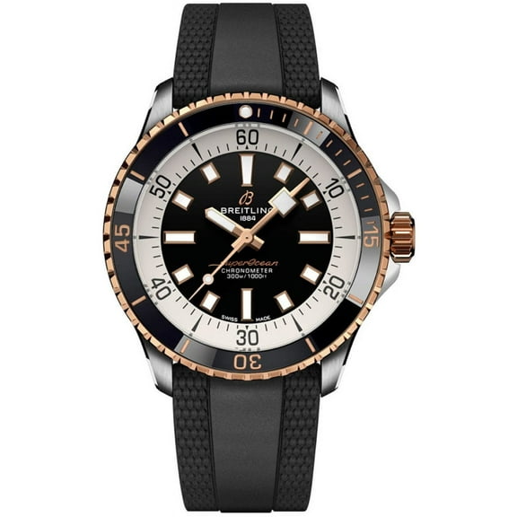 Breitling Superocean Automatic 42 Black Dial 18K Rose Gold Bezel Rubber Strap Men's Watch U17375211B1S1