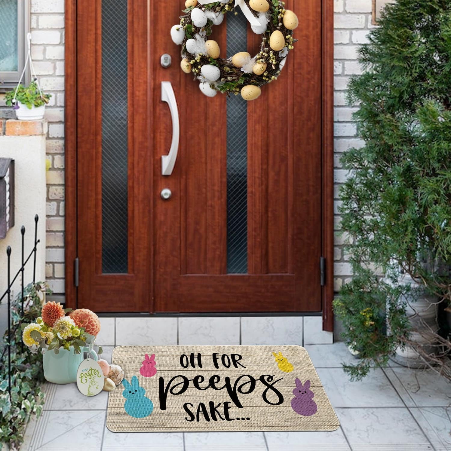 Easter Door Mat 30 X 17 Inch Oh for Peeps Sake Doormat Indoor Outdoor Entrance Floor Rug Non Slip Spring Summer Decor Rubber Welcome Mats