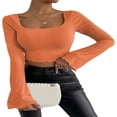 thumbnail image 2 of Women Solid Color Ribbed Square Neck Lettuce Hem Show Navel T-Shirts Spring Autumn Flare Long Sleeve Slim Crop Tops Black M, 2 of 6