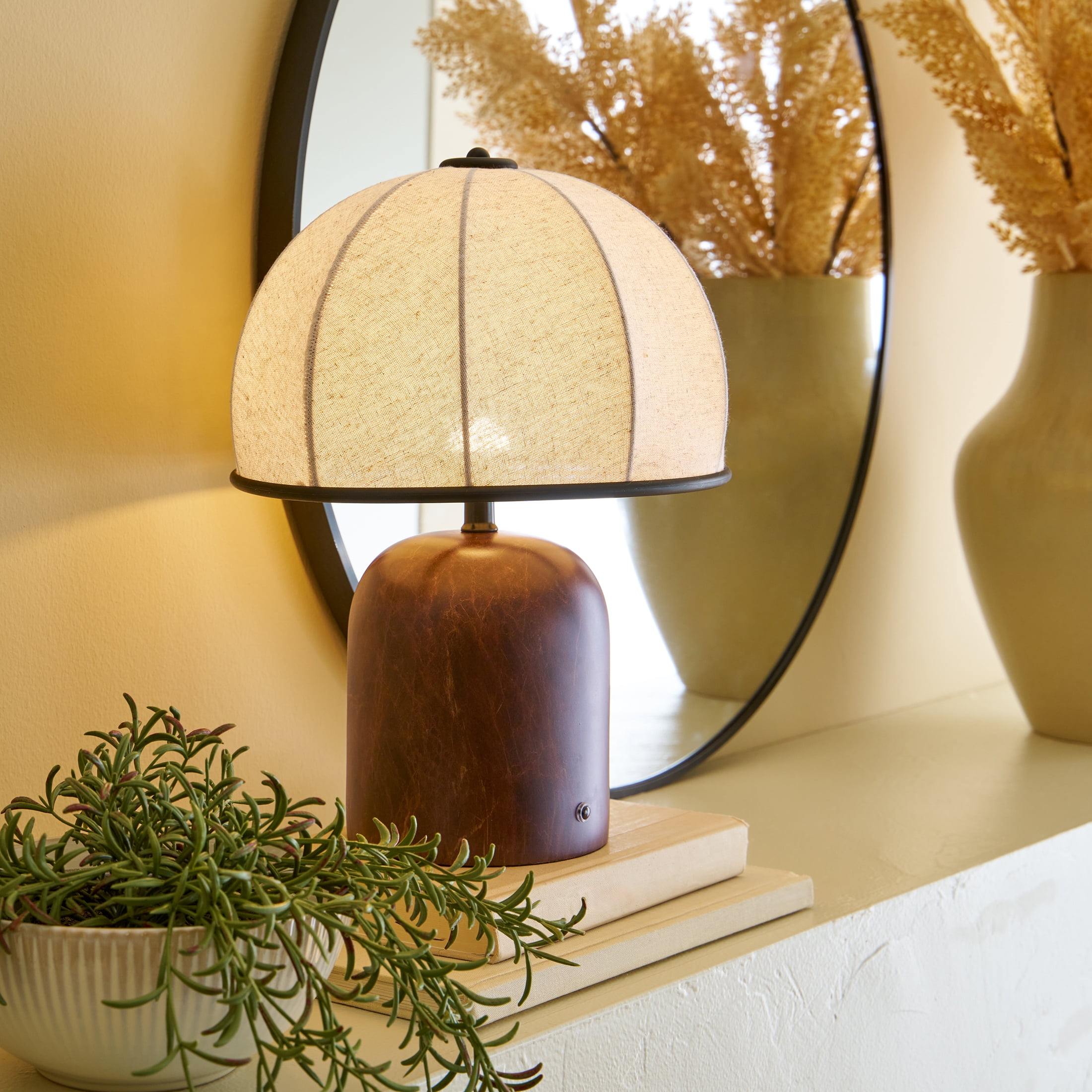 Better Homes & Gardens 14-Inch Warm Brown Rechargeable Gourd Table Lamp with Fabric Dome Shade
