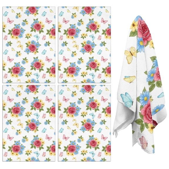 4 Pcs Pioneer Flower Floral Print Pattern Funny Kitchen Towels, Microfiber Dish Towels, Kitchen Tea Towels Set 18" X 26"