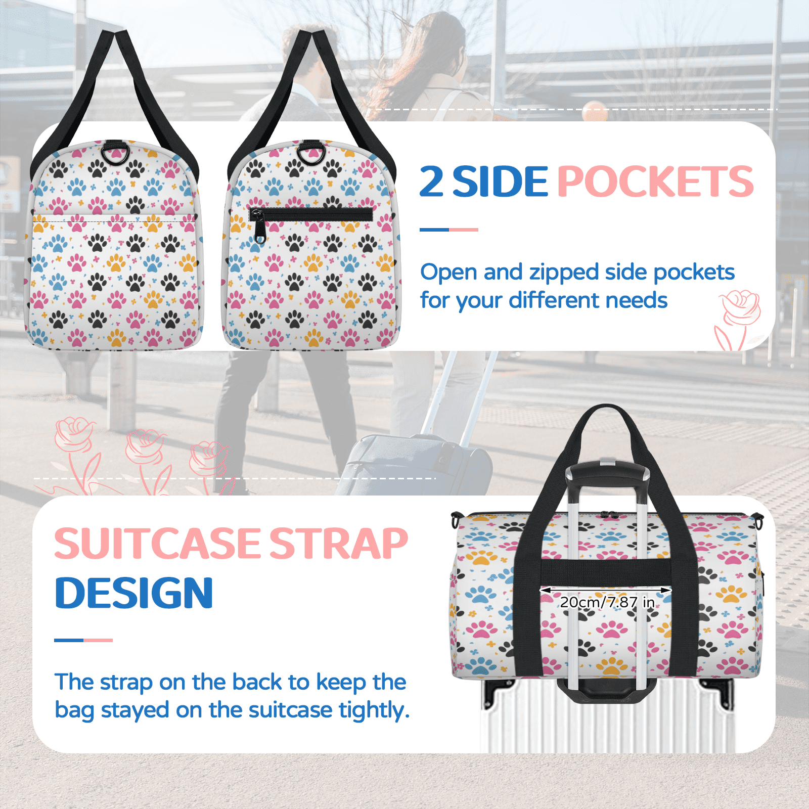 Herdesigns Cute Dog Paws Print Gym Bag for Women, Duffle Bag for Travel Sport, Lightweight Waterproof Carry on Weekender Overnight Dance Yoga Workout Bags