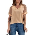 thumbnail image 1 of Top de verano para mujer, Top holgado con cuello en V y encaje con volantes cortos, Top de manga de malla transparente para mujer Albaricoque L, 1 of 6