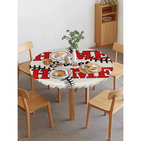 Baseball Sport Round Fitted Tablecloth with Elastic Edge, Home Sweet Beige Linen Texture Abstract Waterproof Stretch Table Covers for 36"-44" Tables Wipeable Table Cloth for Outdoor