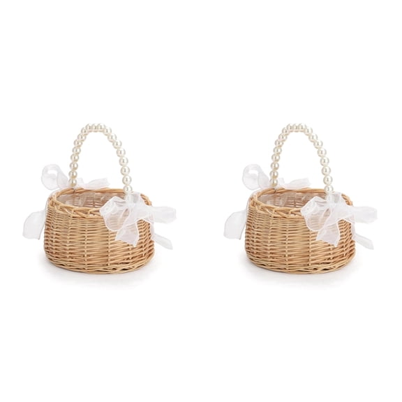 2X Pastoral Style Wicker Flower Basket with Pearl Handle,Elegant Wedding and Home Decoration,Flower Girl Basket