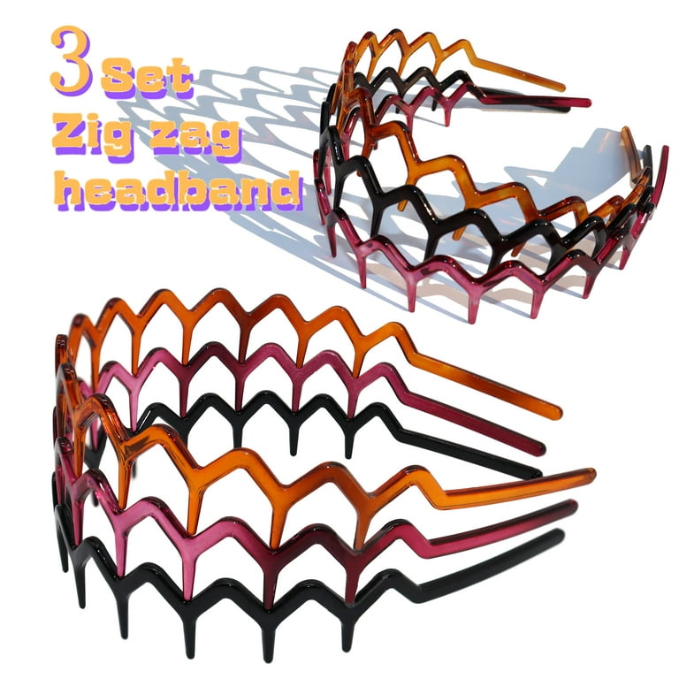3 Set Zig Zag Headbands for Women Men, Plastic Sharks Tooth Hair Comb Headband (1 Black+1 Amber+1 Claret), Hair Accessories for Wear