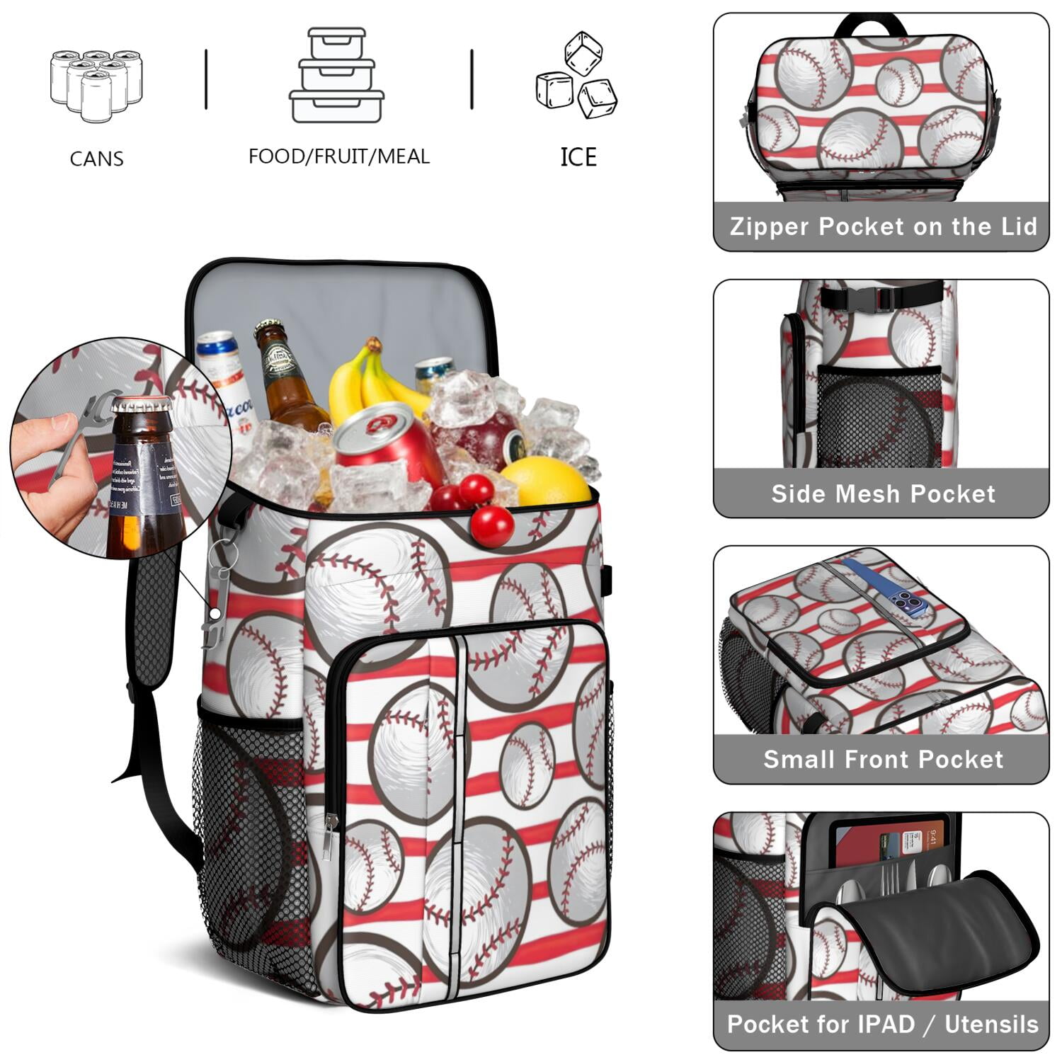 Travel Cooler Bag - Red and White Striped Baseballs Pattern Camping Beer Cooler Backpack with Bottle Opener- Waterproof Insulated Picnic Backpacks - Cooler Bag for Beach