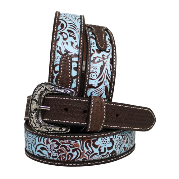 34  Western 1-3/4" Tapered Turquoise Floral Embossed Leather Belt 26RT71T