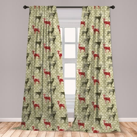 Christmas Window Light Curtains Deer Curtains 2 Panels Set, Damask Pattern and Ornate Christmas Themed Animal Silhouettes, Window Drapes for Living Room Bedroom, Olive Green Pale Green, by Ambesonne ()