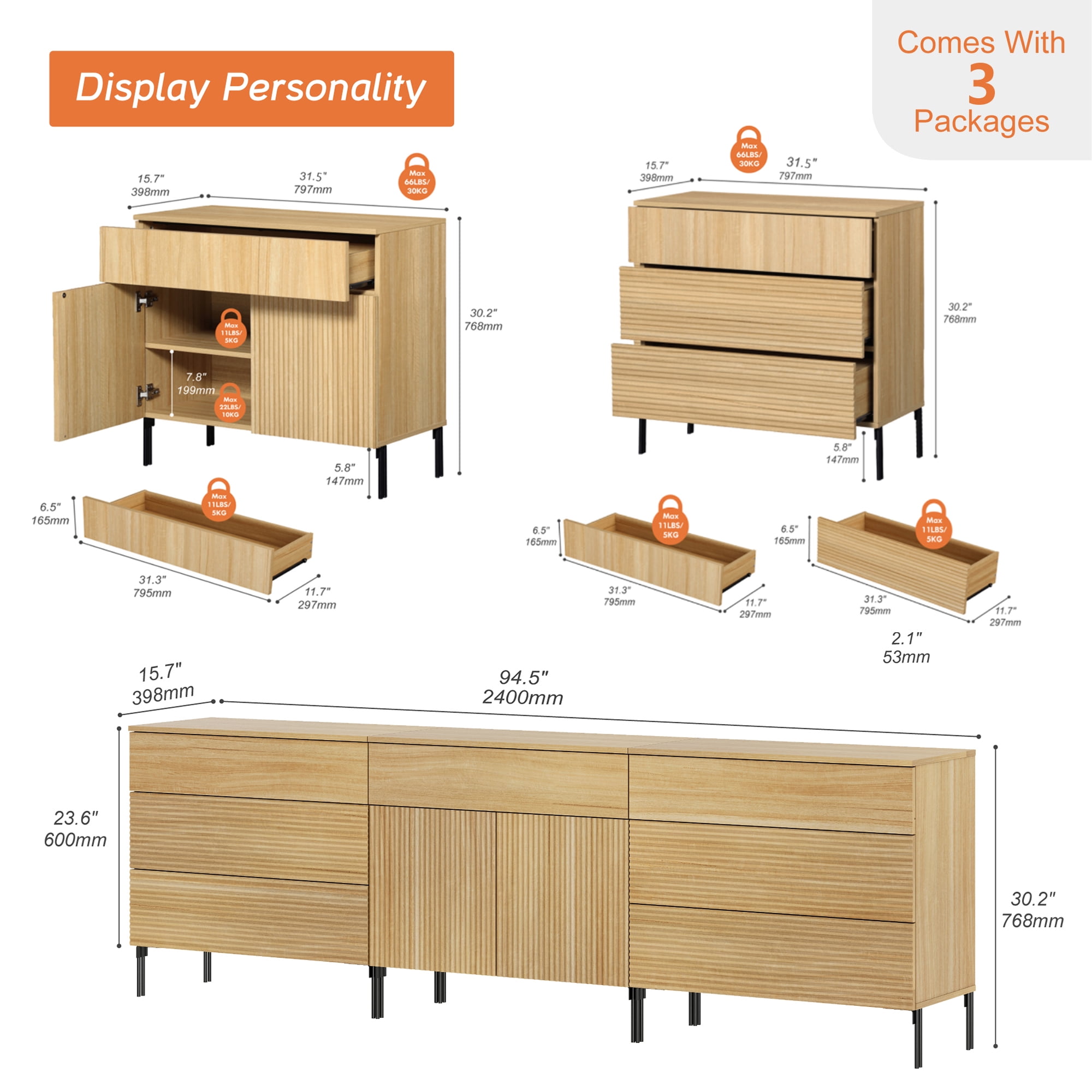 94.5" Modern Reeded Minimalist Sideboard with Drawers and Doors, 3-In-1 Wooden Credenza Storage Cabinet for Kitchen, Dining Room