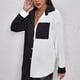 thumbnail image 3 of Camisa de mujer con botones de una sola fila, costura de Color, manga larga, bolsillo de un lado, dobladillo suelto, camisa informal para uso diario, negro, blanco, M, 3 of 7