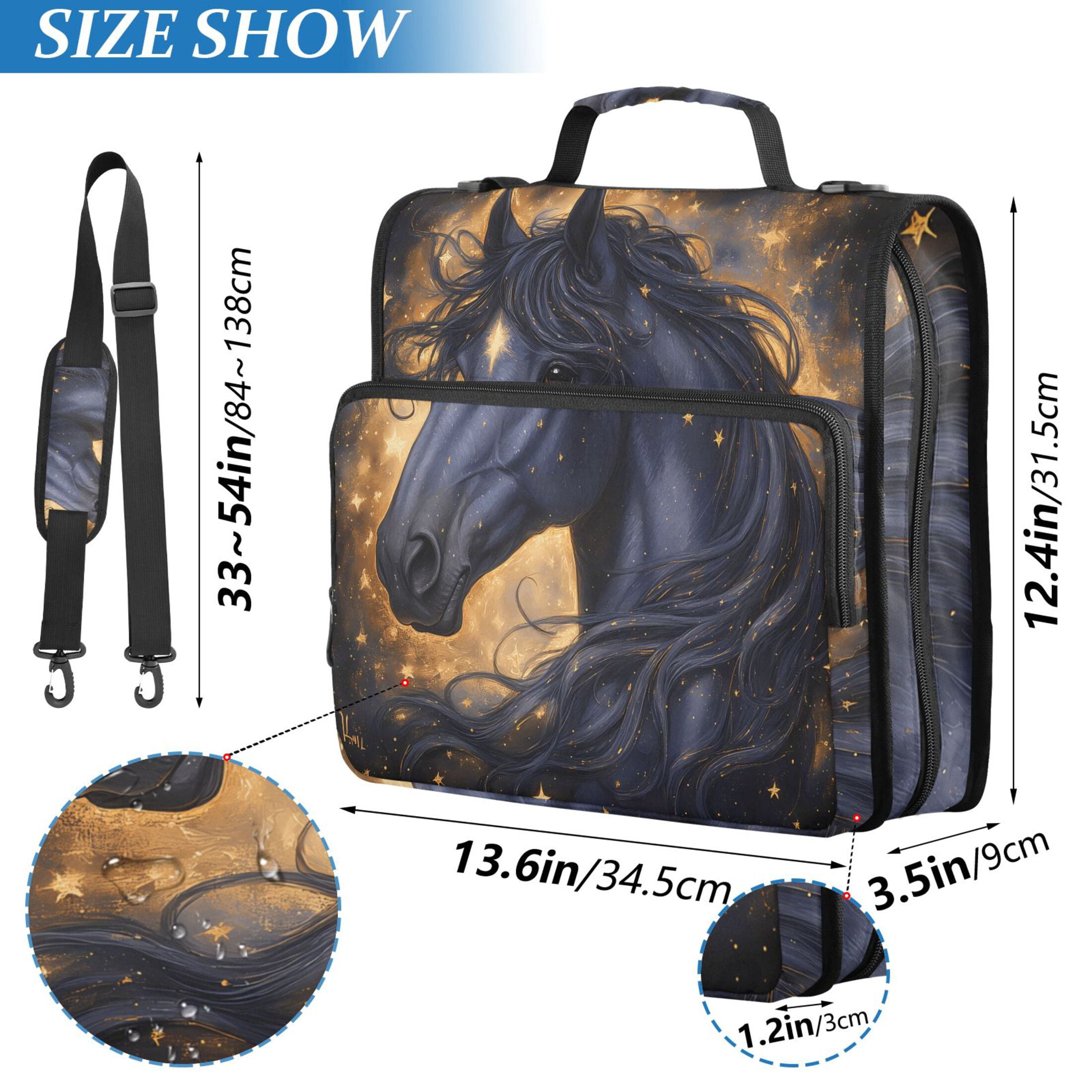 3 Ring Zipper Binder with Shoulder Strap Waterproof Trapper Keeper 2 Inch D-Ring 500 Sheets Capacity Black Horse with Stars