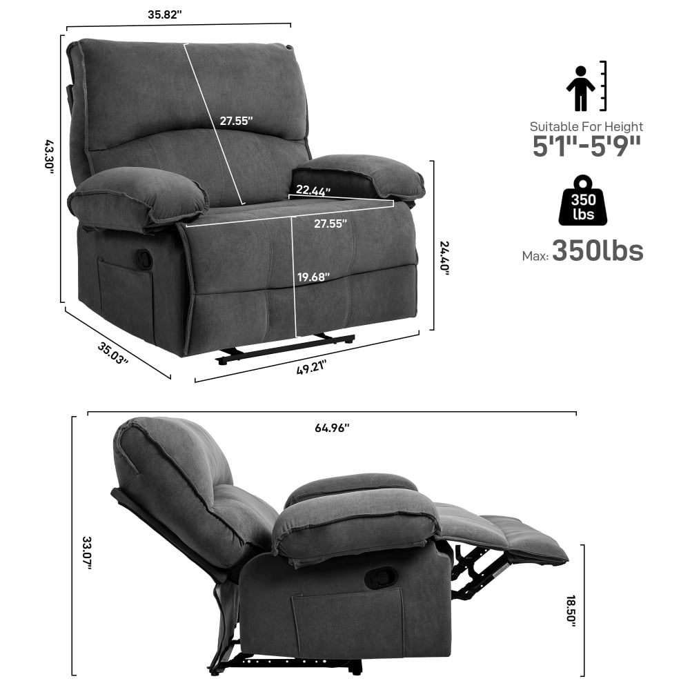 Oversized Recliner Chair, Large Wide Seat Manual Comfortable Recliner with Pockets,Recliner Chair Lounge Chair for Adults Living Room, 350 lb Weight Capacity, Grey