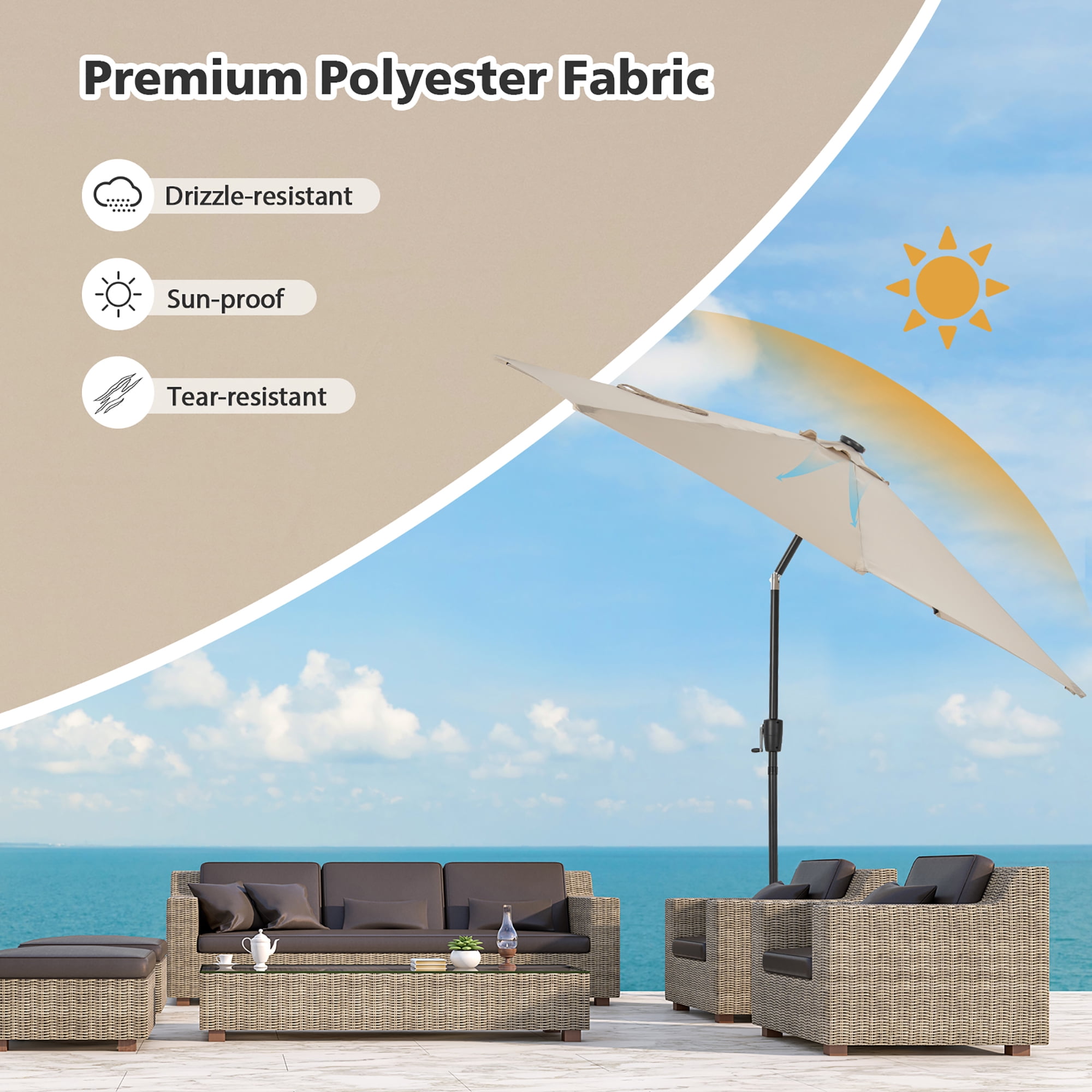 Gymax 10FT Solar Patio Umbrella 112 LED Lighted Umbrella Outdoor Table Market Umbrella Beige