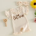 thumbnail image 4 of felwors Newborn Baby Girl Summer Outfit Romper Sister Lil Sis Embroidery Ruffle Collar Jumpsuit Infant Waffle Clothes,Beige,6-9 Months, 4 of 5