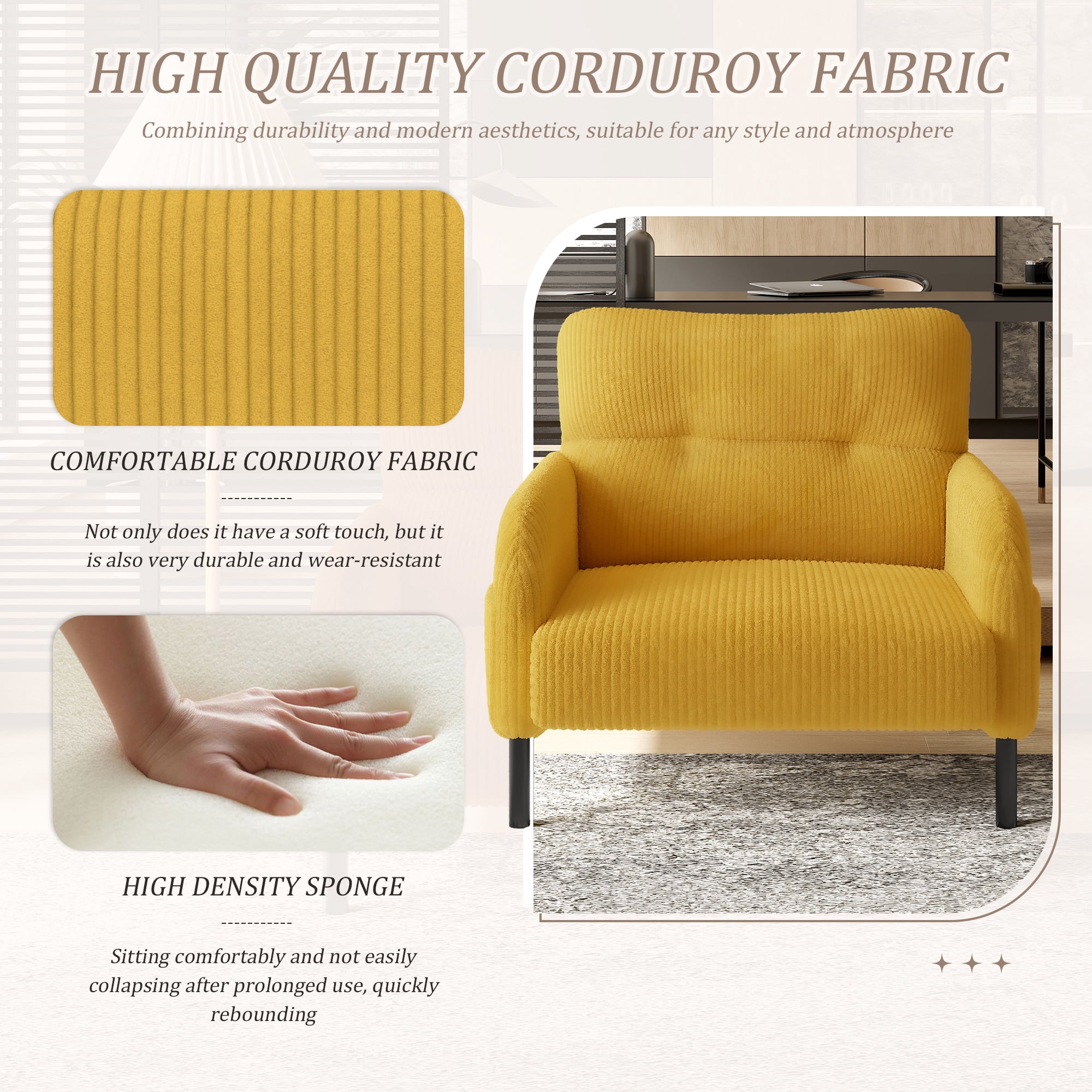 Modern Accent Chair,Armchair,Corduroy Fabric Sofa Chairs,Upholstered Armchair for Living Room,Bedroom,Office,Yellow