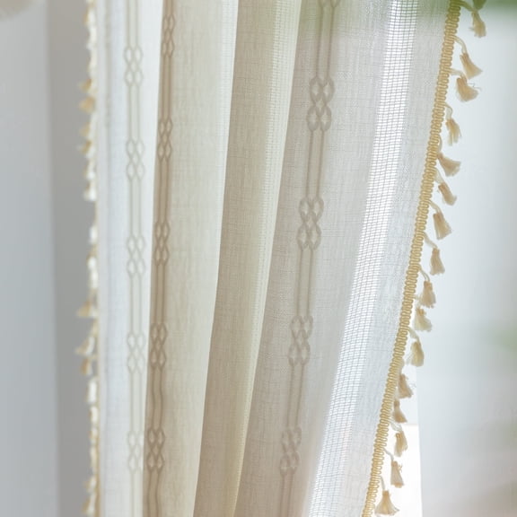 KOKLE Boho Curtains Semi-Blackout 2 Panels, Tassel Grommet Drapes for Living Room Bedroom, Farmhouse Window Treatment, 52" W x 84" L, White