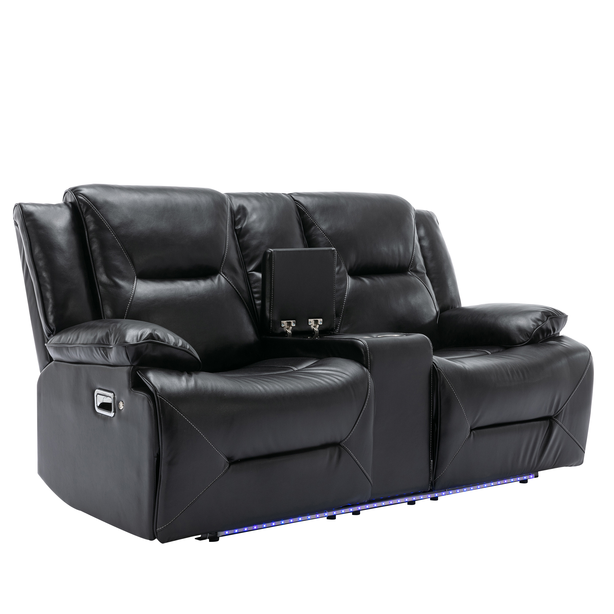 Euroco 2 Seater Home Theater Recliner Manual Recliner Chair with a LED Light Strip Two Cup Holders and a Storage Box for Living Room,Bedroom, Black