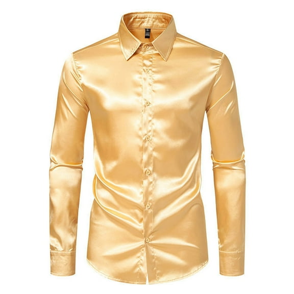 Wyobmus Men's Satin Dress Shirt Shiny Silk Long Sleeve Button Down Shirts Fancy Party Prom Shirt Slim Fit Casual Shirt Gold