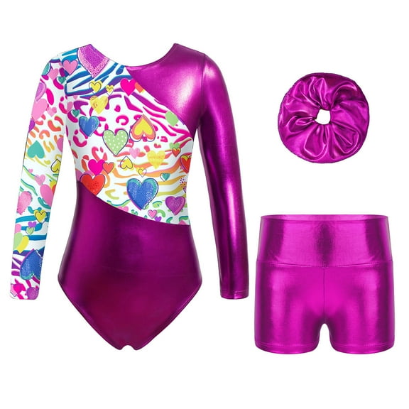 TiaoBug Kids Girls 2 Piece Sport Active Dancewear Sparkly Gymnastics Leotards with Shorts Set Rose 4