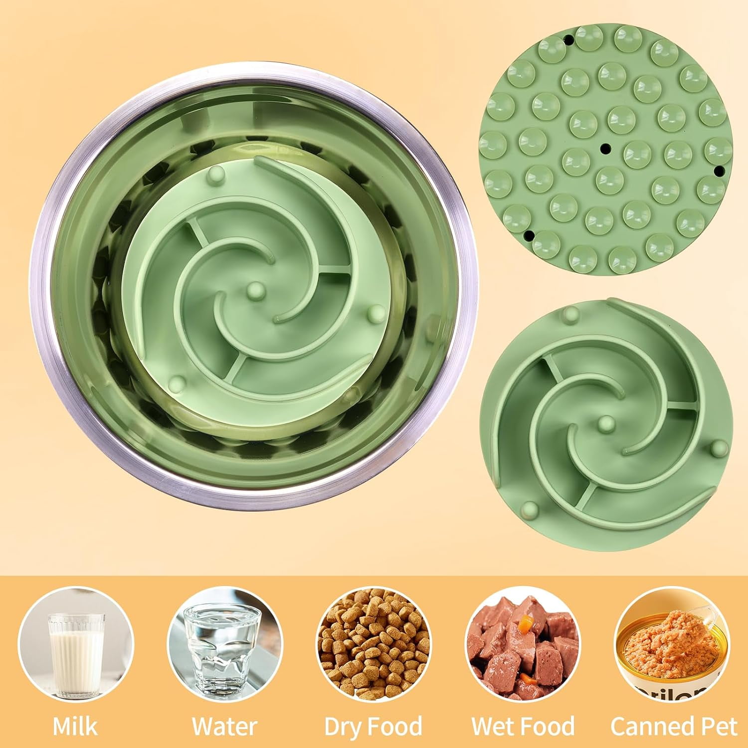 Slow Feeder Dog Bowls Insert,  Soft Silicone Slow Eating Feeder Insert with Suction Cups for Small, Medium and Large Dogs, Fit into Basic and Elevated Dog Bowls, Green Green,L