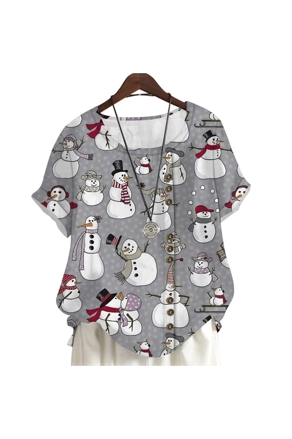 Short Sleeve T Shirt Women Cute Snowman Printed Oversized Shirt Summer Blouse