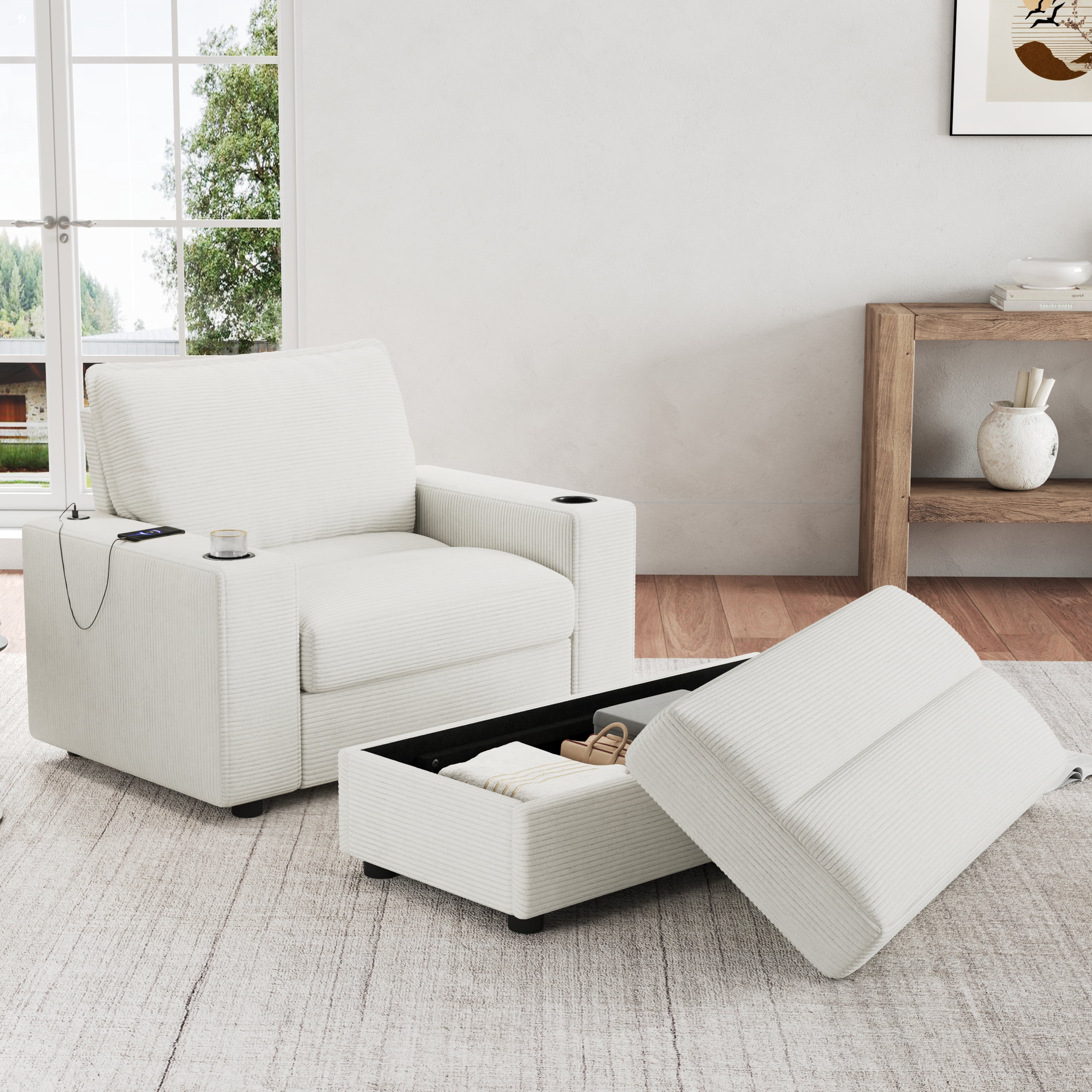 avobird 42.8" Chaise Lounge Chair with Storage Ottoman, Corduroy Sofa Bed with Cup Holders & USB Charging Port, Upholstered Sleeper Chair for Living Room, Beige
