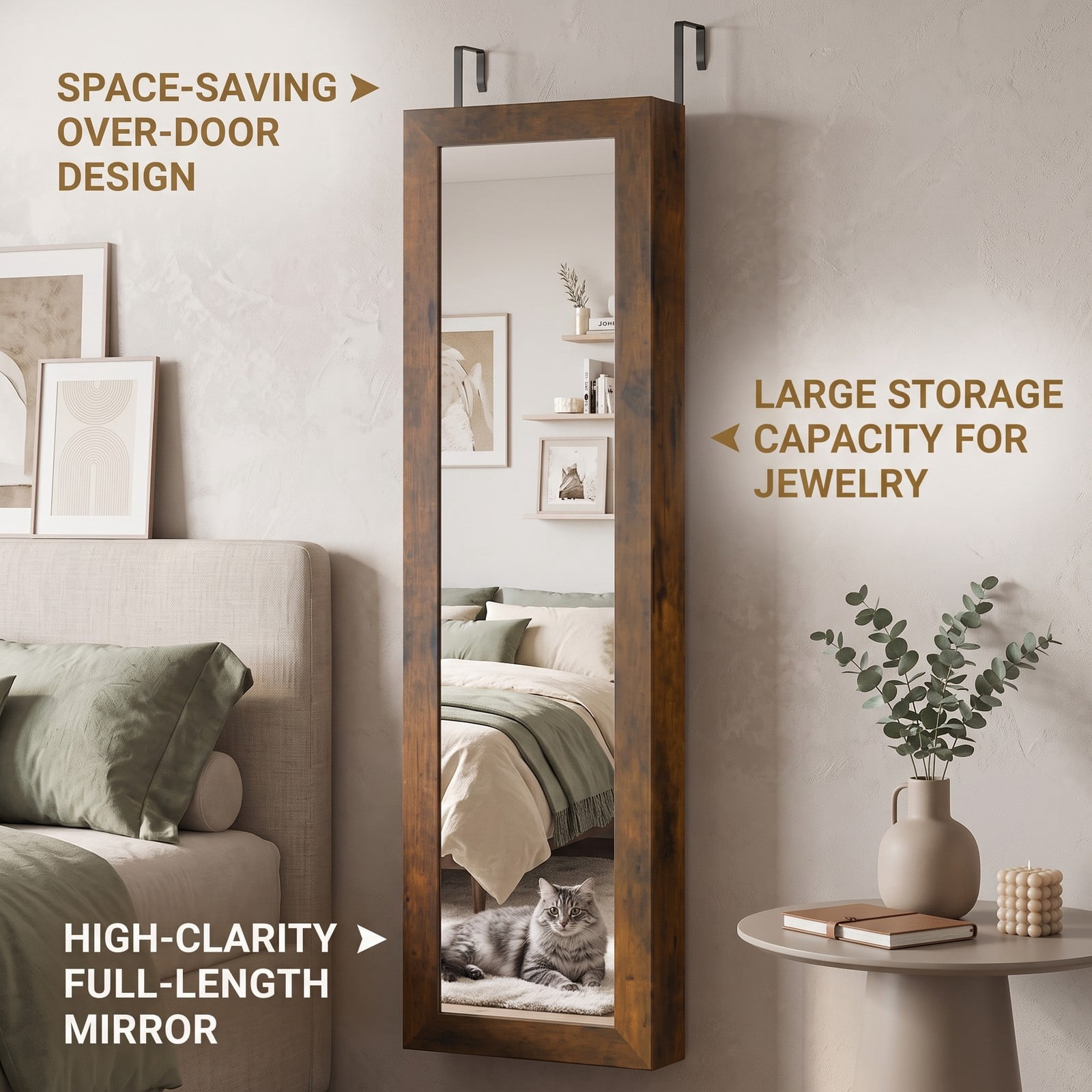 Furnibear Wall and Door Mounted Jewelry Cabinet with Full-Length Mirror, Ring Slots, and Necklace Hooks for Bedroom, Rustic Brown