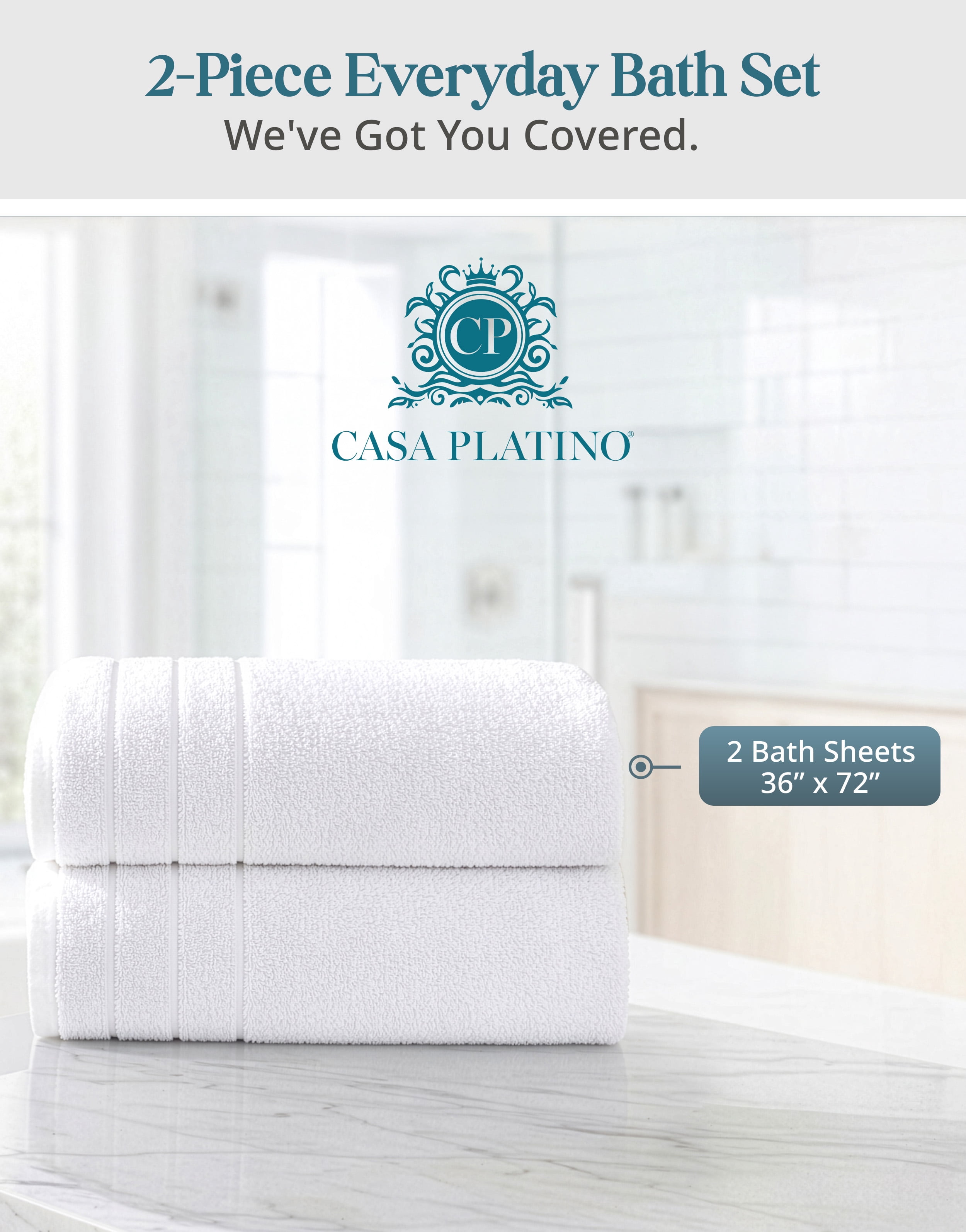 Casa Platino Bath Sheet 2 Pack - Soft Cotton Bath Sheet Towels, Quick Dry & Oversized, Perfect for Spa-Like Comfort - White