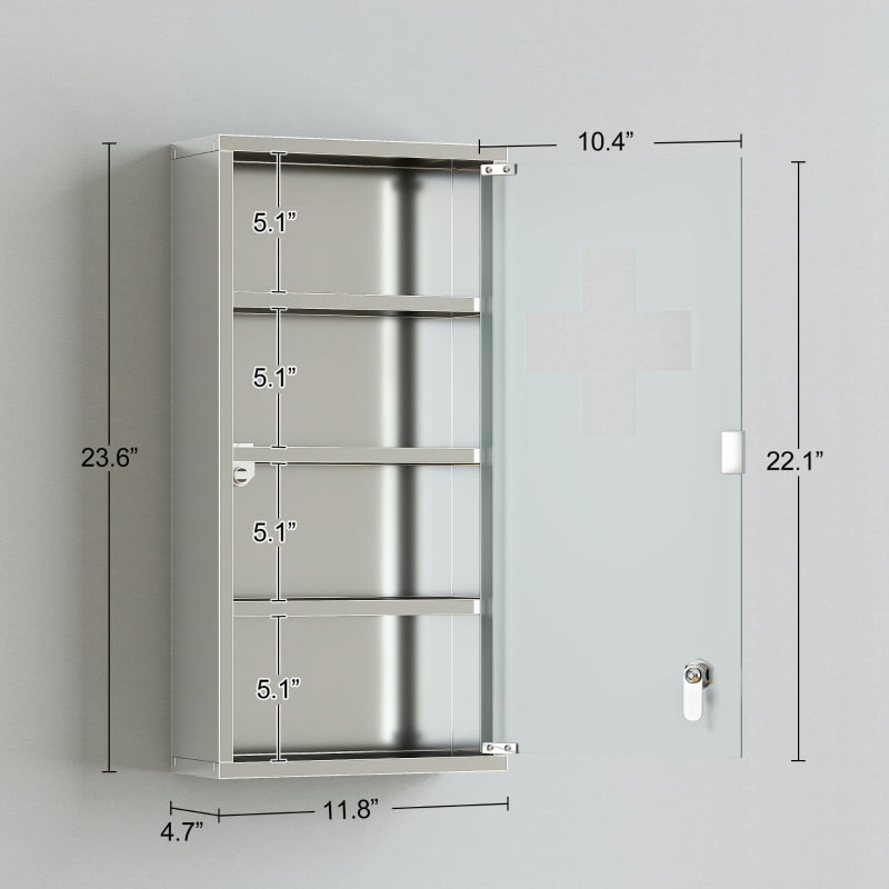 Alvantor Lockable Medicine Storage Cabinet with 4 Shelves, Stainless Steel Wall Mount Silver 12"x24"